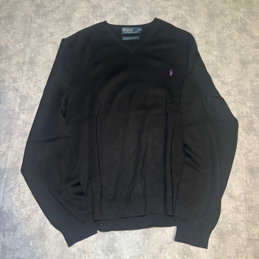 Polo Ralph Lauren Mens Black Pima Cotton V-Neck Sweater Purple Pony Logo Large